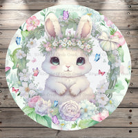 Easter Bunny, Watercolor, Whimsical, Spring Florals, Butterflies, Round, Light Weight, Metal Wreath Sign, No Holes