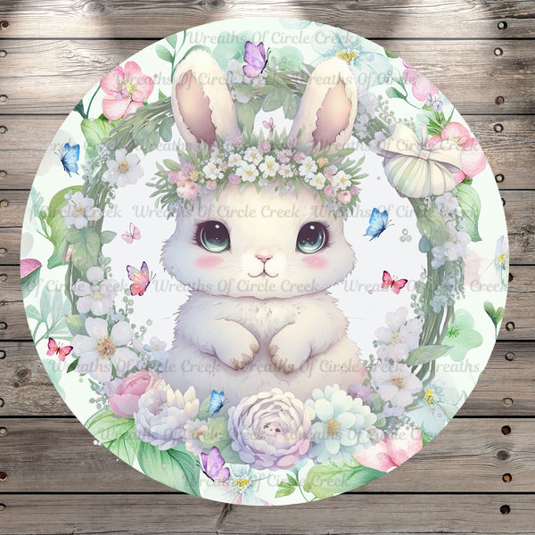 Easter Bunny, Watercolor, Whimsical, Spring Florals, Butterflies, Round, Light Weight, Metal Wreath Sign, No Holes