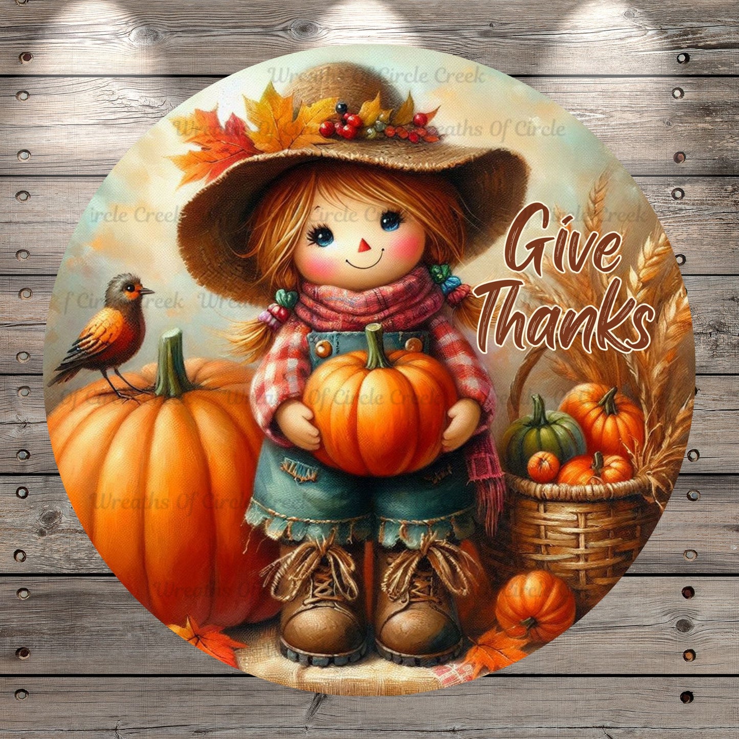Farm Girl, Scarecrow, Holding Pumpkin, Give Thanks, Round, Light Weight, Metal, Wreath Sign, No Holes In Sign