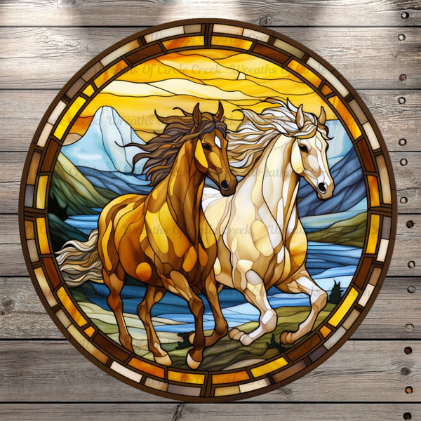 Running Horses, Stain Glass Print, Ranch, Western, Light Weight, Metal Wreath Sign, No Holes
