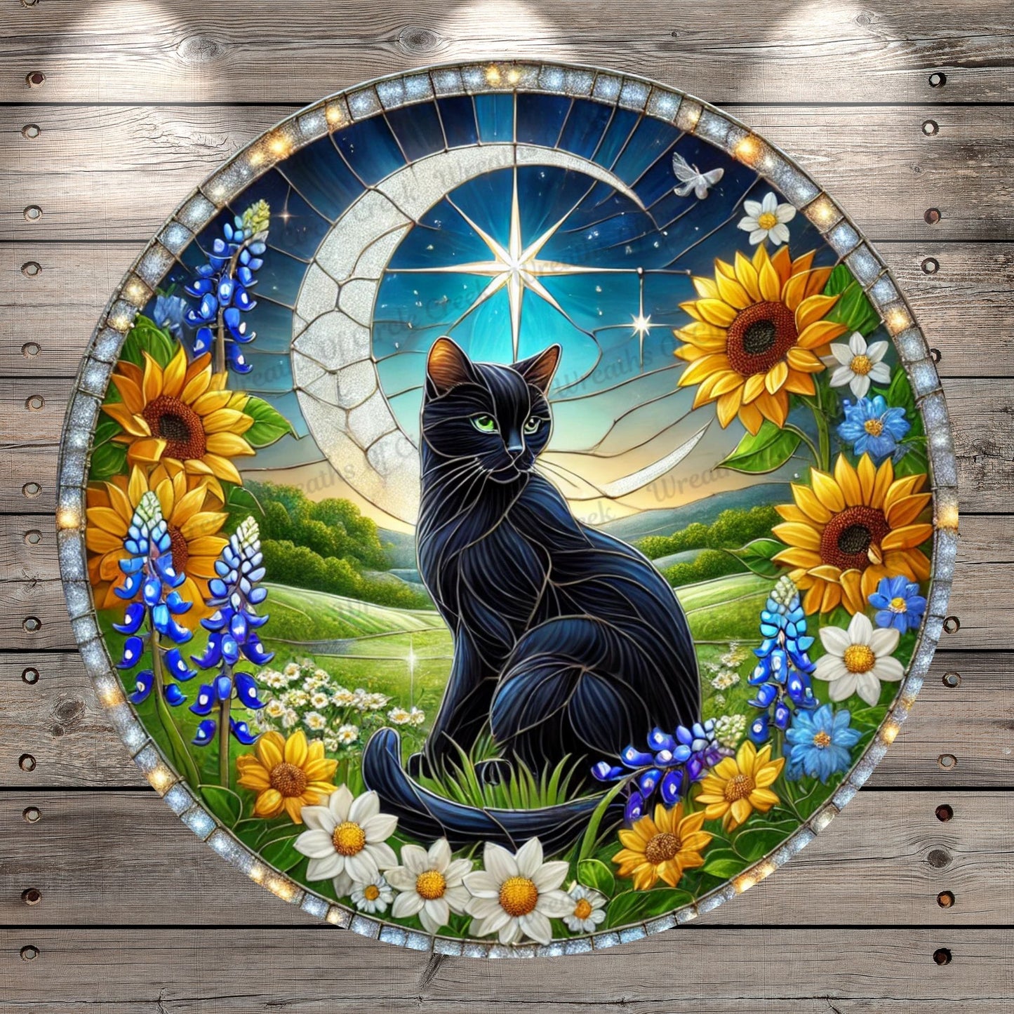 Black Cat Under Moon & Star | Lightweight Round Metal Wreath Sign | Celestial Floral Cat | Faux Stained Glass Effect | No Holes In Sign