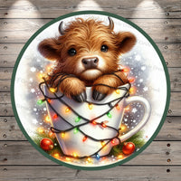 Highland Cow, Mug, Christmas Lights, Merry Christmas, Light Weight, Metal, Wreath Sign, No Holes In Sign