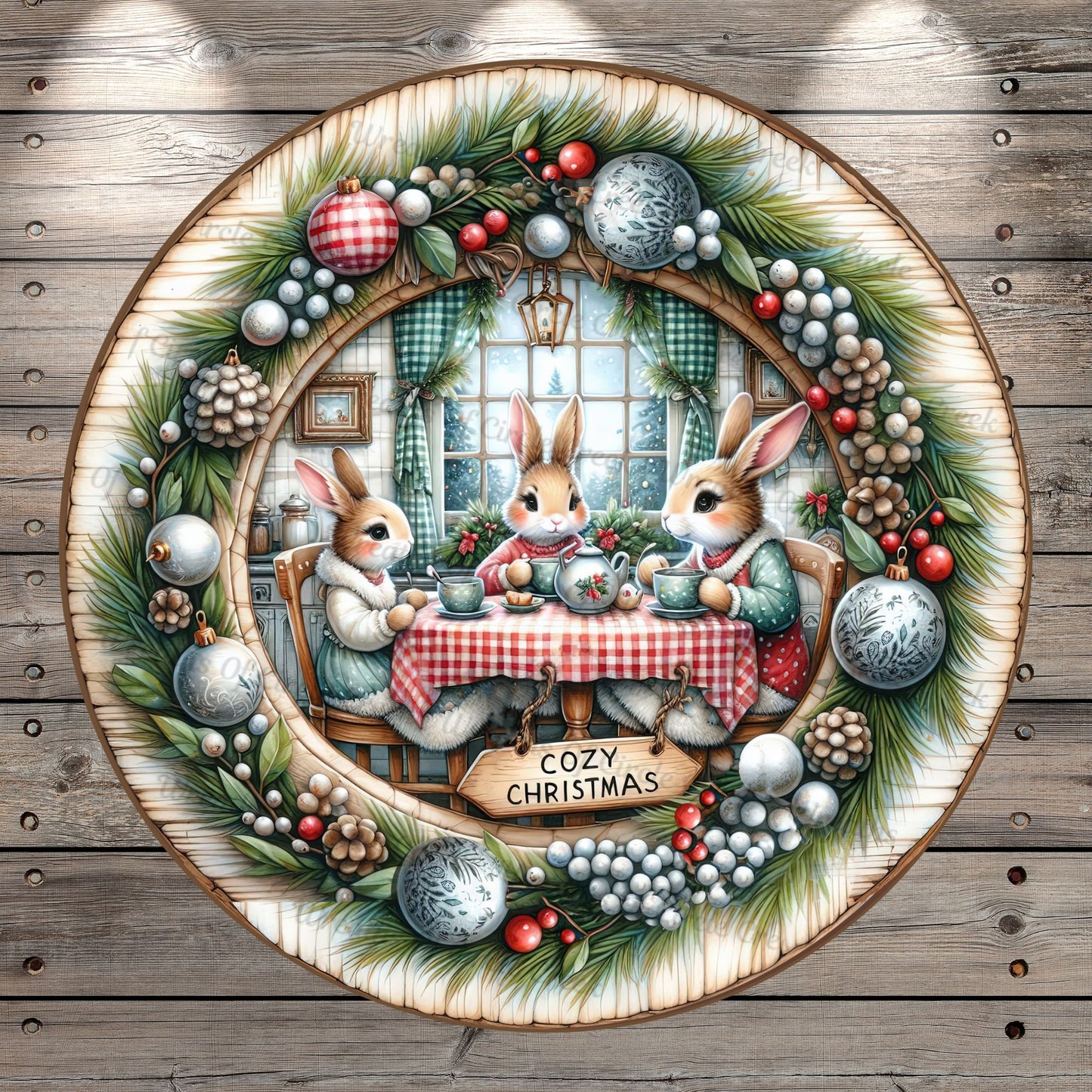 Christmas Bunnies, Cozy Christmas, Woodland, Farmhouse, Round, Lightweight, Metal, Wreath Sign, No Holes In Sign