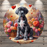 Welcome, Great Dane Puppy, Merle, Floating Hearts, Valentines, Florals, Whimsical, Round, Light Weight, Metal Wreath Sign, No Holes, UV Coated