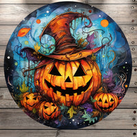Brown Hat, Jack-O-Lantern, Spooky, Halloween, Round UV Coated, Metal Sign, No Holes