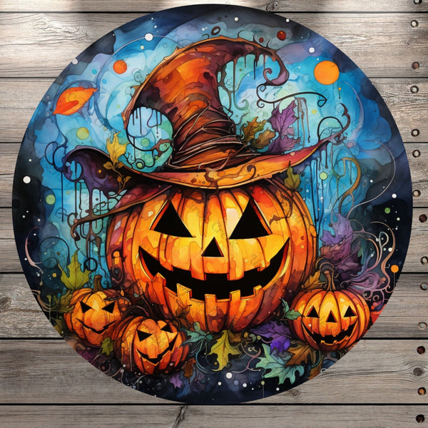 Brown Hat, Jack-O-Lantern, Spooky, Halloween, Round UV Coated, Metal Sign, No Holes