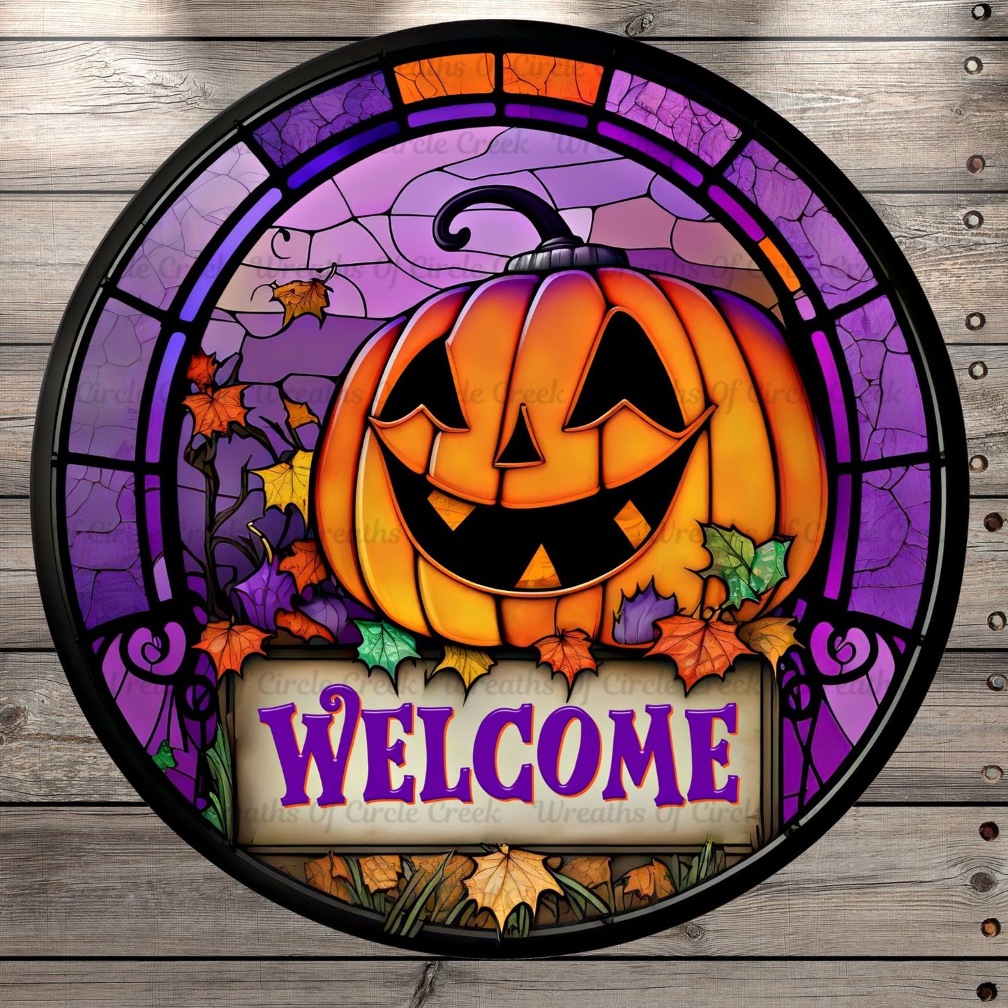 Jack-O-Lantern, Welcome, Stained Glass Print, Round UV Coated, Metal Sign, No Holes