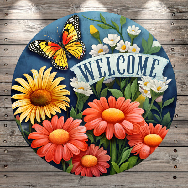 Florals And Butterfly, Welcome, Light Weight, Metal Wreath Sign, With No Holes