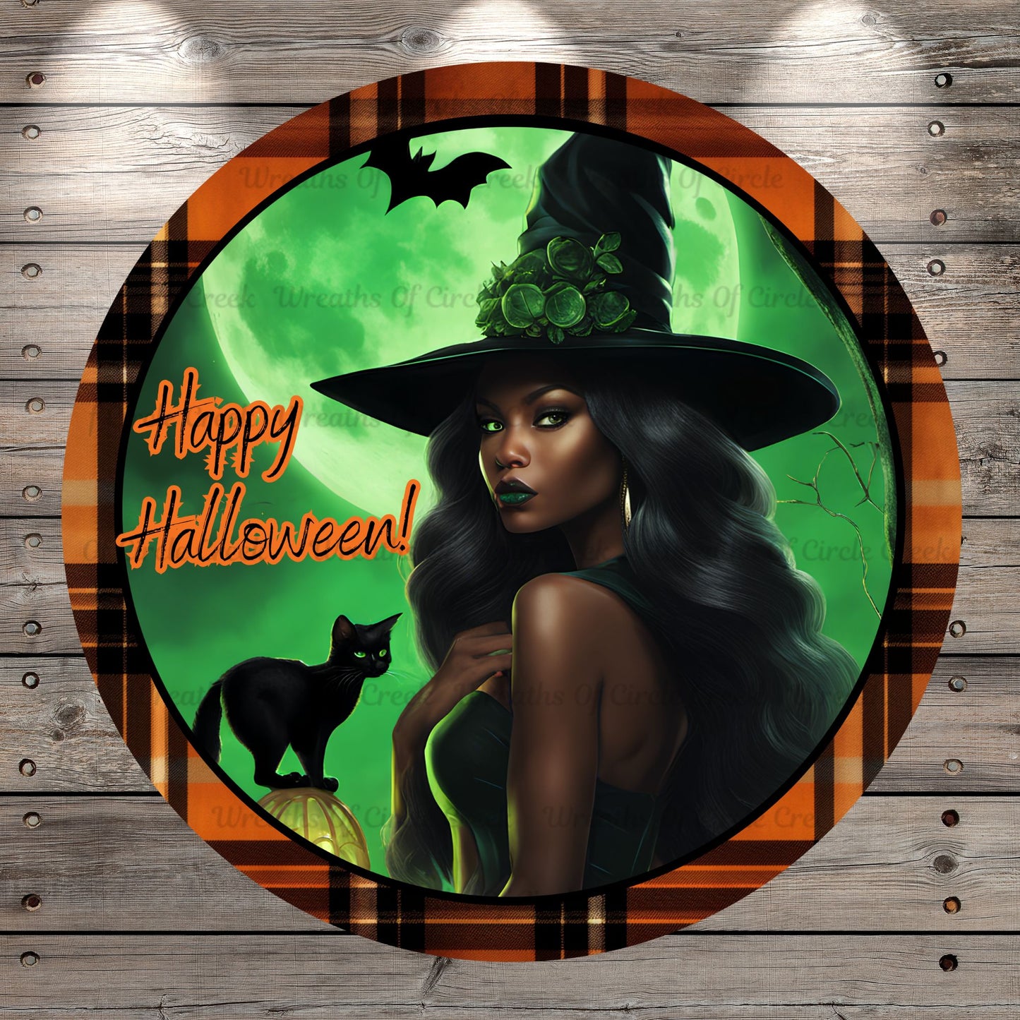 Halloween Witch, African American, Happy Halloween, Plaid Border, Round, Light Weight, Metal Wreath Sign, No Holes In Sign