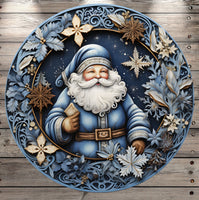 Blue Santa, 3D Faux Print, Woodland, Wreath Sign, No Holes, Round UV Coated, Metal, Light Weight, Metal Wreath Sign, No Holes