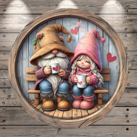 Valentine Gnomes, Couple, LOVE, Floating Hearts, Round, Lightweight, Metal Wreath Sign, No Holes In Sign