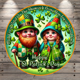 Happy St. Patrick's Day, Couple, Inspirational, Leprechauns, Vintage, Patchwork, Shamrocks, Round, Lightweight, Metal, Wreath Sign, No Holes