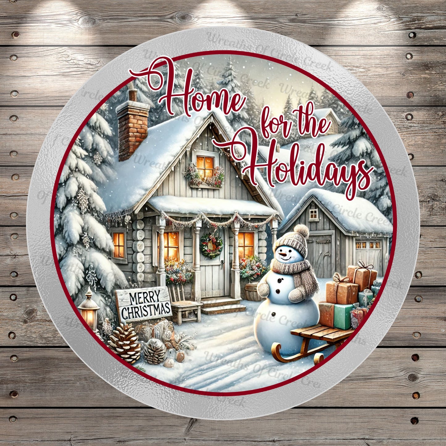 Home For The Holidays, Snowman, Winter Scene, Merry Christmas, Round, Light Weight, Metal Wreath Sign, No Holes In Sign