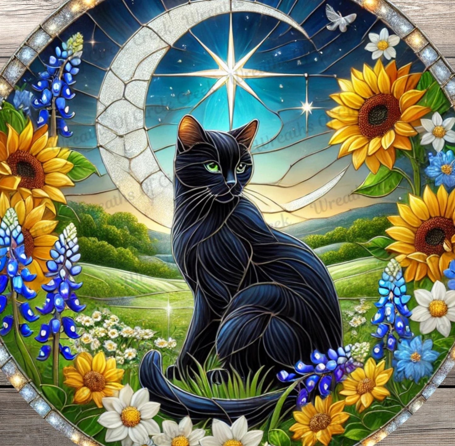 Black Cat Under Moon & Star | Lightweight Round Metal Wreath Sign | Celestial Floral Cat | Faux Stained Glass Effect | No Holes In Sign