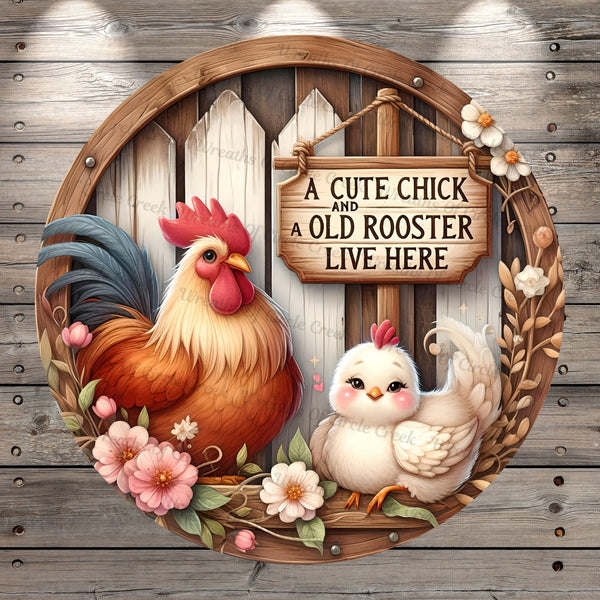 Rooster And Chick, Cute, Farmhouse, Round, Light Weight, Metal Wreath Sign, No Holes In Sign