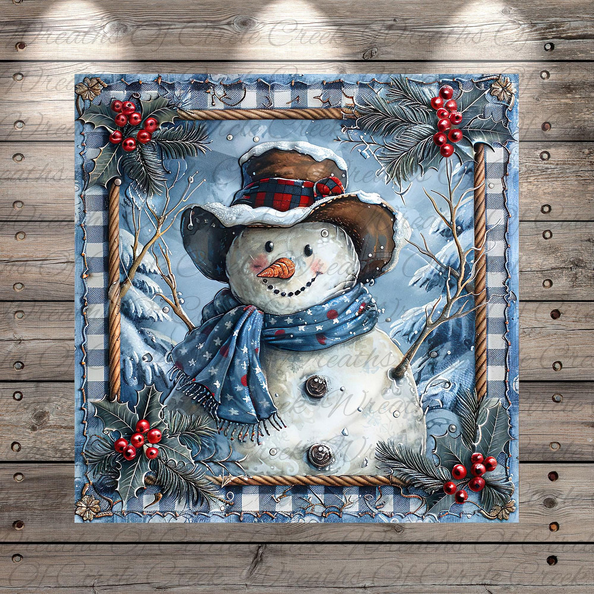 A snowman wearing a hat and scarf, surrounded by holly leaves and berries, is depicted in a festive winter scene.