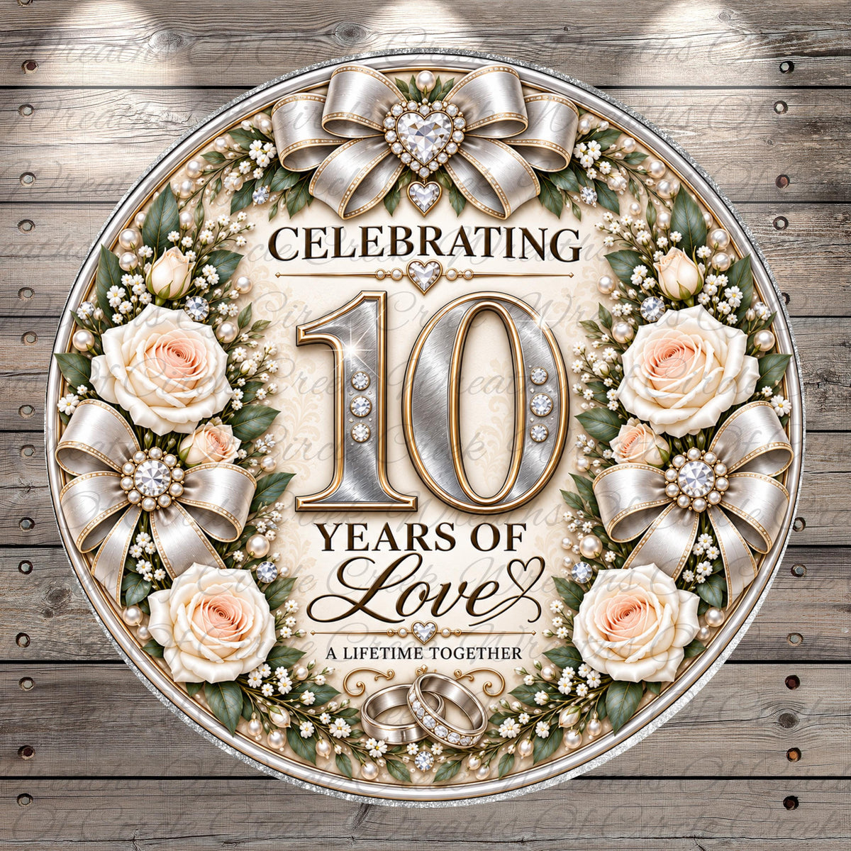 The image is a celebratory graphic design featuring a large number "10" surrounded by flowers, ribbons, and a heart. The text "CELEBRATING 10 YEARS OF LOVE" is prominently displayed, indicating a milestone or anniversary.