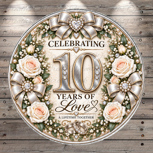The image is a celebratory graphic design featuring a large number "10" surrounded by flowers, ribbons, and a heart. The text "CELEBRATING 10 YEARS OF LOVE" is prominently displayed, indicating a milestone or anniversary.