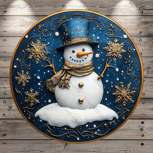 Blue and Gold, Happy Snowman, Faux 3D, Snowflakes, Round, Light Weight, Metal, Wreath Sign, No Holes In Sign