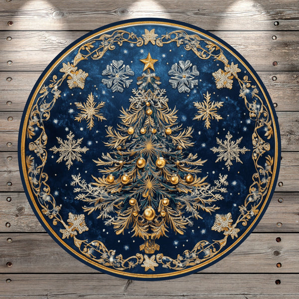 Christmas Tree, Gold Ornaments, Snowflakes, Gold and Blue, Faux 3D, Light Weight, Metal, Wreath Sign, No Holes In Sign