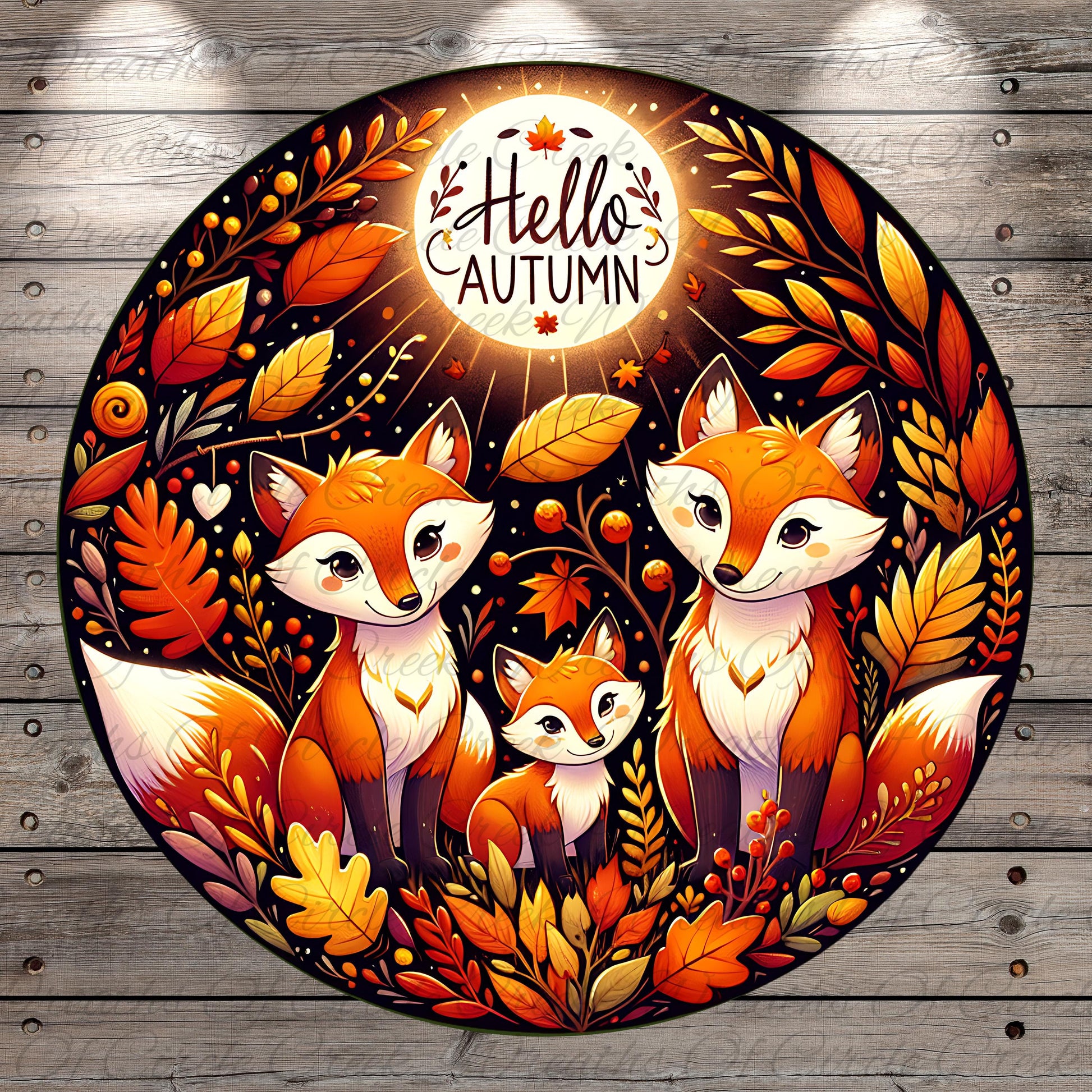 A vibrant illustration featuring three cartoon foxes surrounded by autumn foliage, including leaves, berries, and a glowing moon. The text "Hello Autumn" is prominently displayed above the foxes.