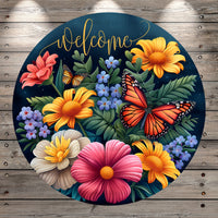 Butterflies With Florals, Welcome, Multi Color, Light Weight, Metal Wreath Sign, With No Holes