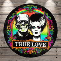 Frankenstein and Bride, True Love, Halloween Romance, Round, Light Weight, Metal Wreath Sign, No Holes In Sign