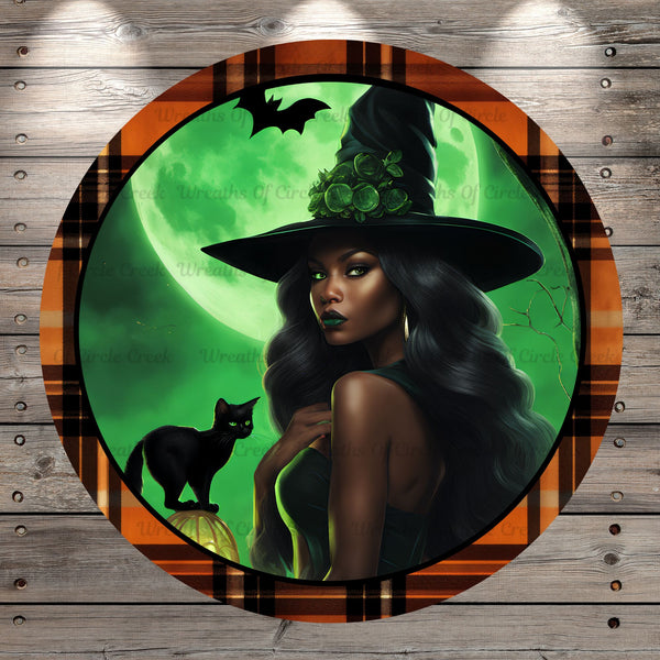 Halloween Witch, African American, Happy Halloween, Green Background, Plaid Border, Round UV Coated, Metal Sign, No Holes