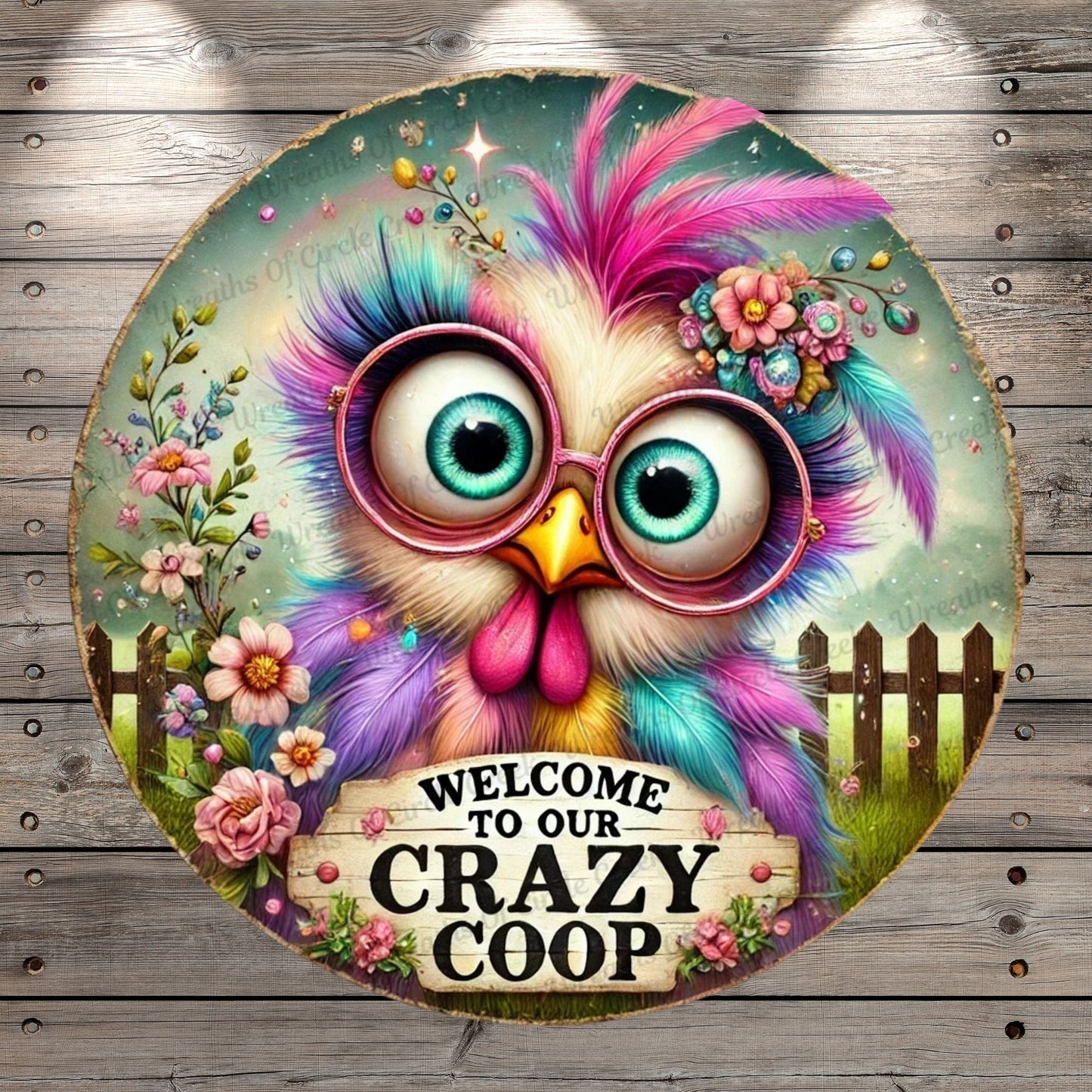 Funny Chicken| | Welcome To Our Crazy Coop | Lightweight Round Metal Wreath Sign | Quirky Colorful Hen | No Holes In Sign