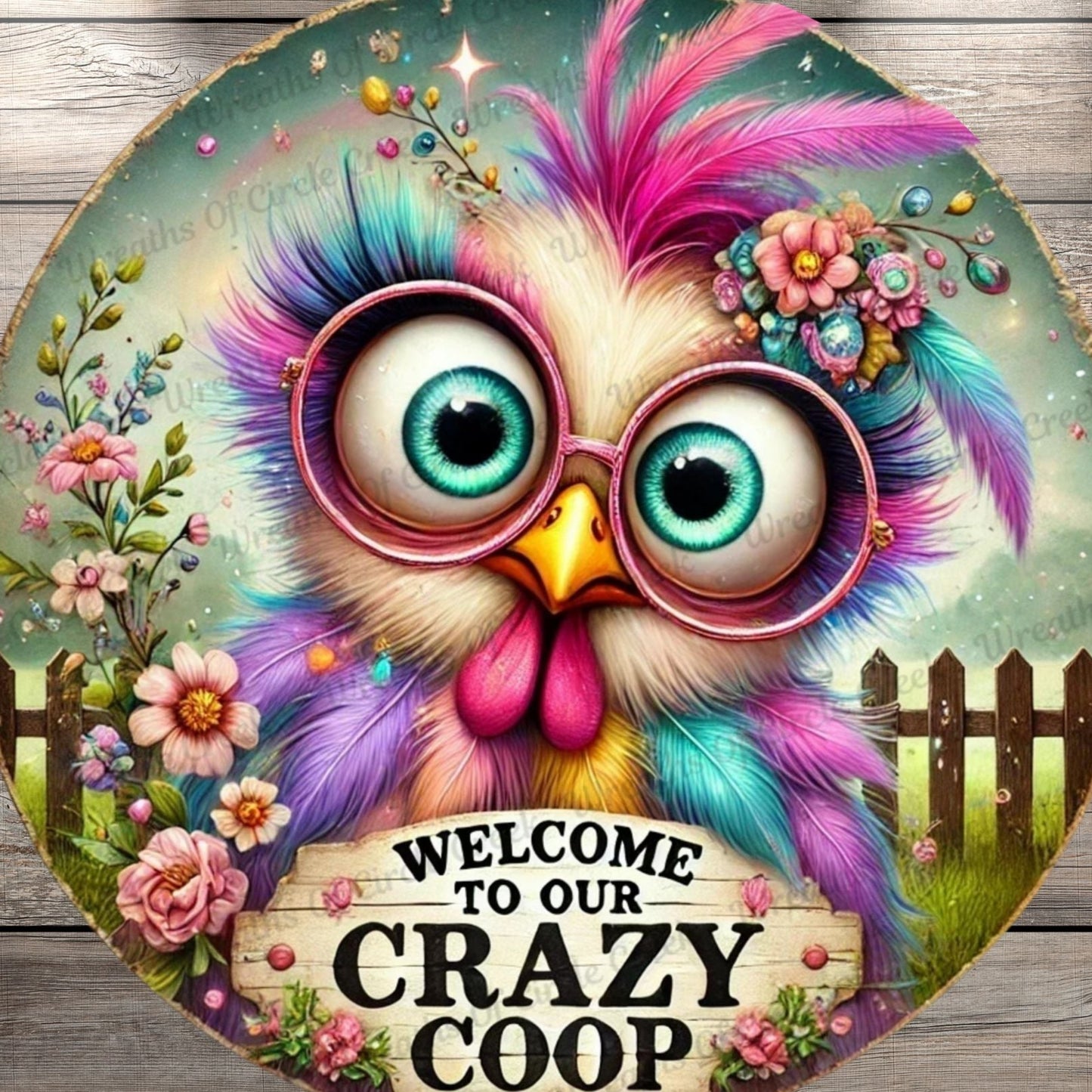 Funny Chicken| | Welcome To Our Crazy Coop | Lightweight Round Metal Wreath Sign | Quirky Colorful Hen | No Holes In Sign