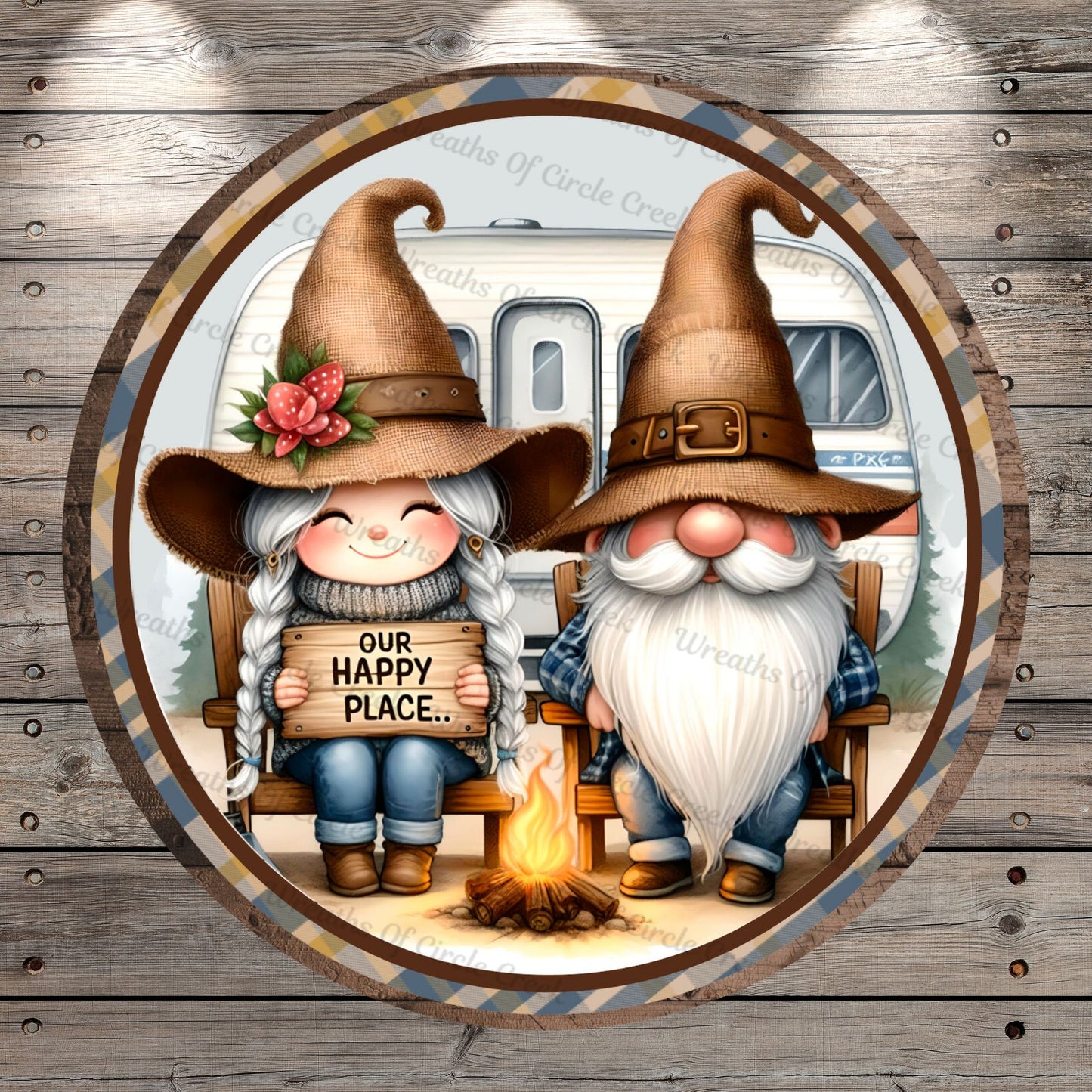 Camping, Gnomes, Our Happy Place, Rustic, Round, Light Weight, Metal Wreath Sign, No Holes In Sign