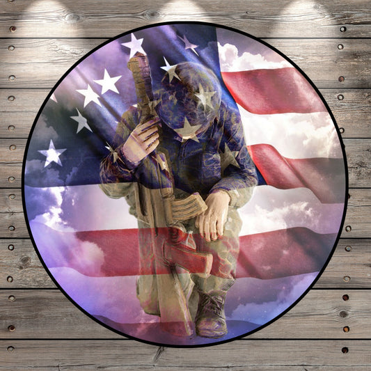 American Soldier, American Flag, Patriotic, Round Light Weight, Metal Wreath Sign, No Holes