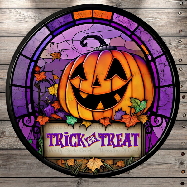 Jack-O-Lantern, Trick Or Treat, Stained Glass Print, Round UV Coated, Metal Sign, No Holes