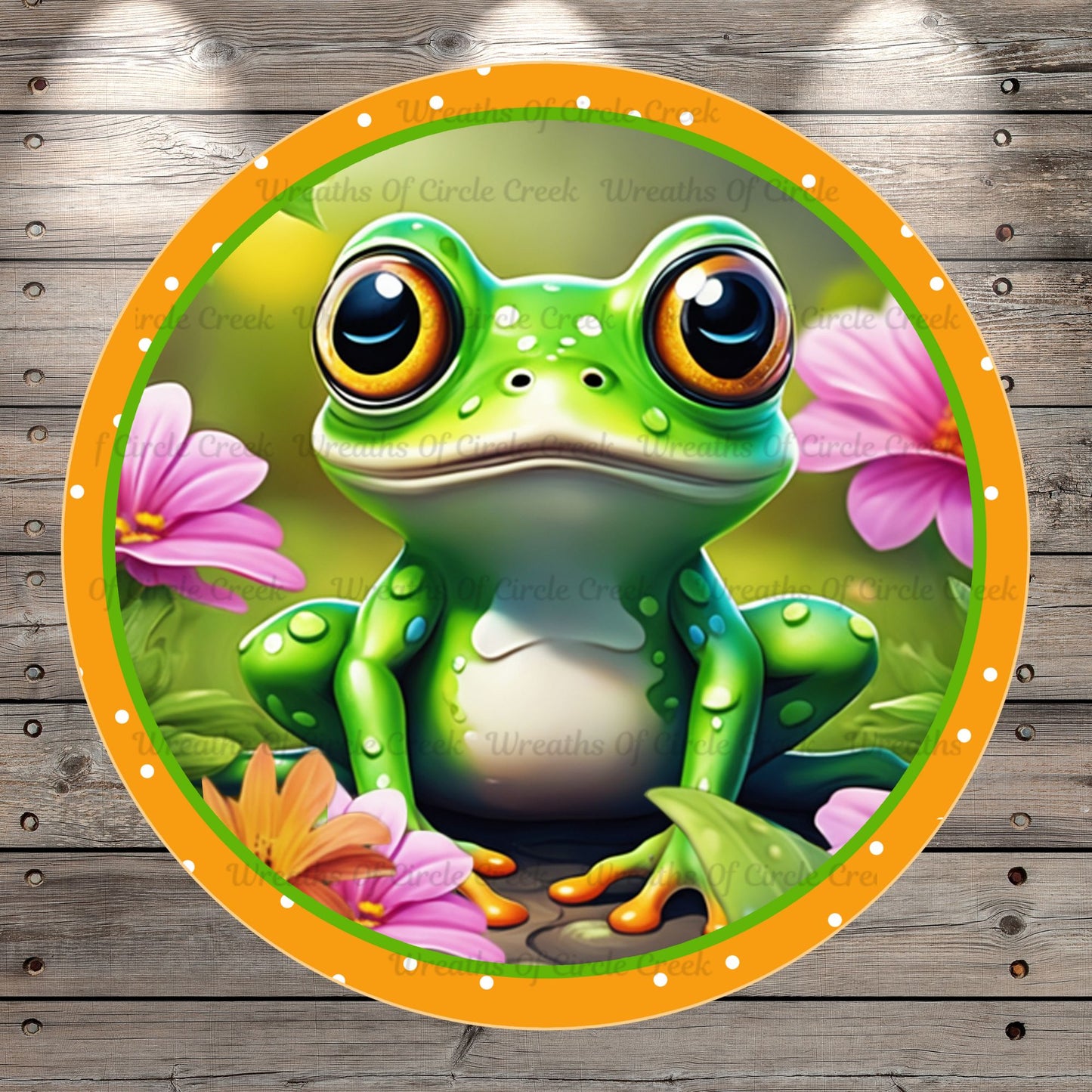 Welcome Spring Frog, Pink Florals, Light Weight, Round Metal Wreath Sign, UV Coated, No Holes