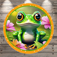 Welcome Spring Frog, Pink Florals, Light Weight, Round Metal Wreath Sign, UV Coated, No Holes