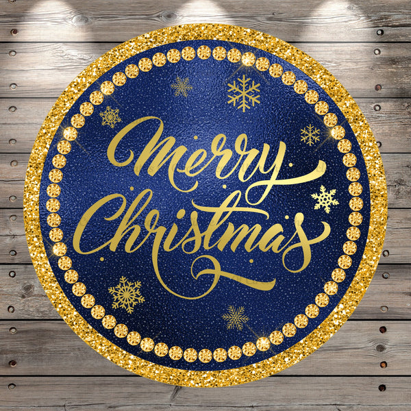 Blue And Gold, Merry Christmas, Wreath Sign, No Holes, Round UV Coated, Metal