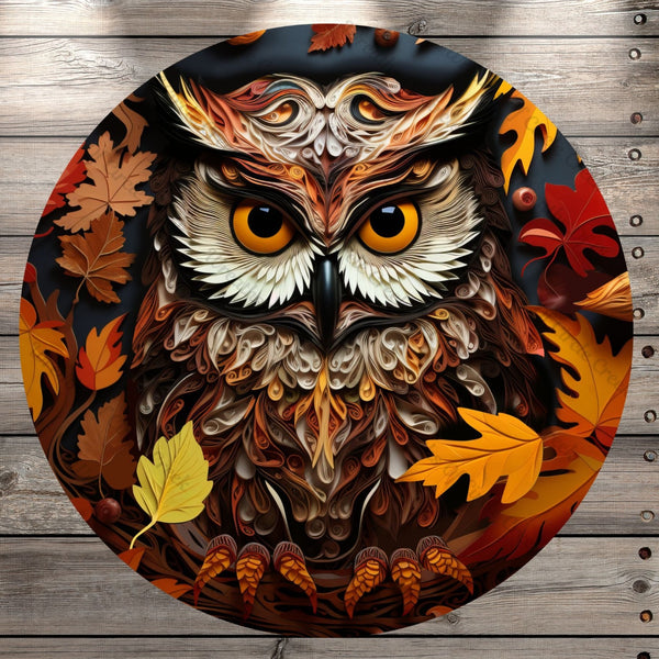 Autumn Owl, Multi Color Fall Leaves, Round UV Coated, Metal Sign, No Holes