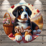 Greater Swiss Mountain Dog, Puppy, Hearts, Valentines, Florals, Mountains, Whimsical, Round, Light Weight, Metal Wreath Sign, No Holes UV Coated