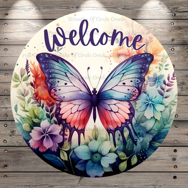 Watercolor Butterfly, Welcome, Multi Color, Wreath Sign, No Holes, Round UV Coated, Metal