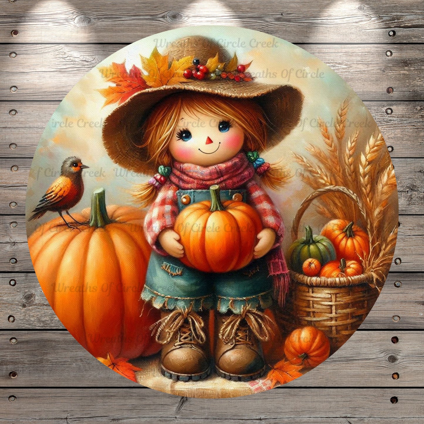 Farm Girl, Scarecrow, Holding Pumpkin, Give Thanks, Round, Light Weight, Metal, Wreath Sign, No Holes In Sign