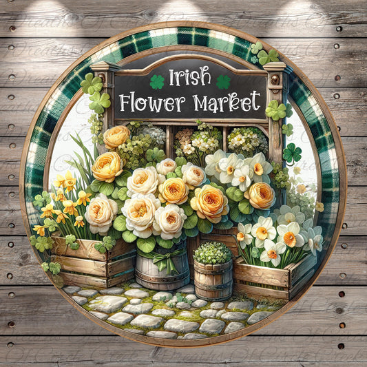a charming scene from an Irish Flower Market, featuring a variety of flowers and plants arranged in wooden crates and barrels. The market sign prominently displays the text "Irish Flower Market", creating a welcoming atmosphere for visitors.