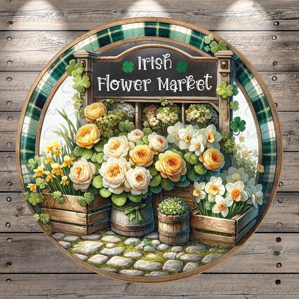 a charming scene from an Irish Flower Market, featuring a variety of flowers and plants arranged in wooden crates and barrels. The market sign prominently displays the text &quot;Irish Flower Market&quot;, creating a welcoming atmosphere for visitors.
