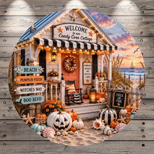The image is a vibrant and festive scene featuring a candy corn cottage with a welcoming sign, surrounded by various fall decorations such as pumpkins, wreaths, and starfish. The cottage is situated on a beach, with the ocean visible in the background. The overall atmosphere is cheerful and inviting, with the colors and decorations creating a warm and cozy ambiance.