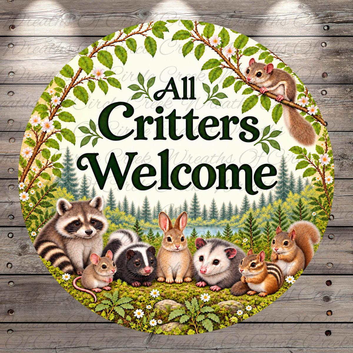 A round sign featuring a forest scene with various animals, including a raccoon, rabbit, squirrel, opossum, and deer, surrounded by a wreath of leaves and flowers.