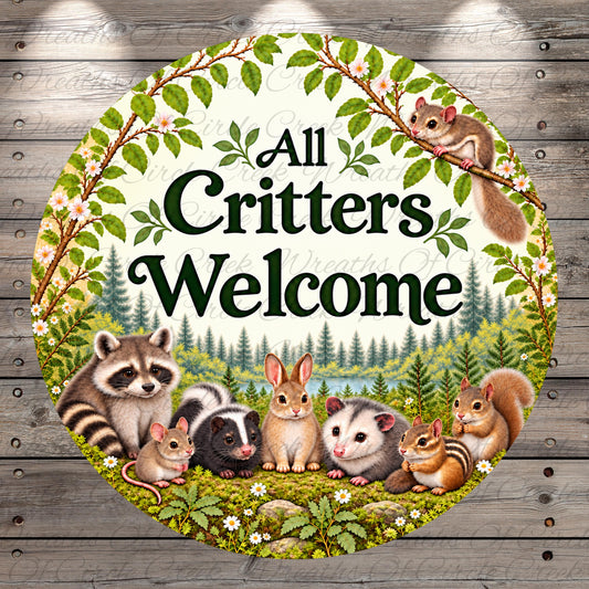A round sign featuring a forest scene with various animals, including a raccoon, rabbit, squirrel, opossum, and deer, surrounded by a wreath of leaves and flowers.