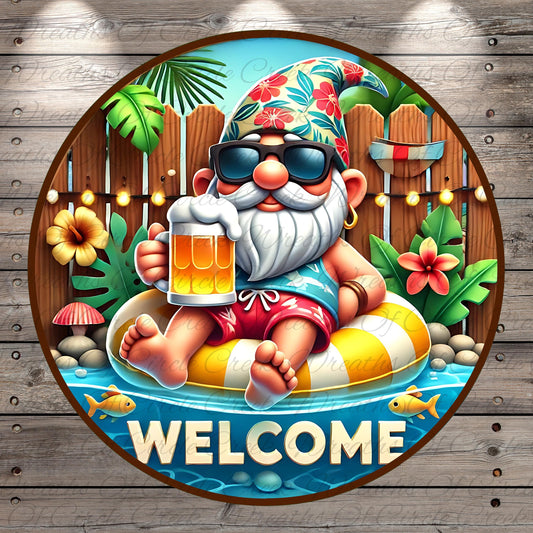A cartoon illustration of a gnome sitting on an inflatable raft, holding a beer mug, surrounded by tropical plants, flowers, and a wooden fence. The word "WELCOME" is prominently displayed in the center of the image.