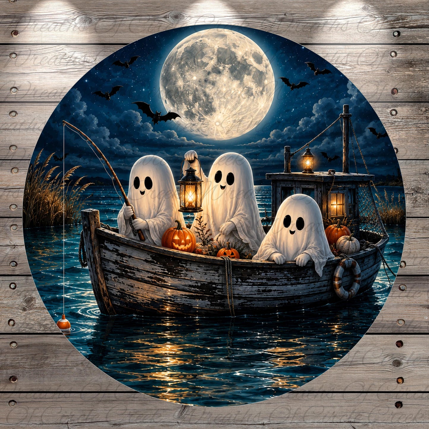 A Halloween-themed image depicting three ghostly figures floating on a boat in a dark, moonlit night.