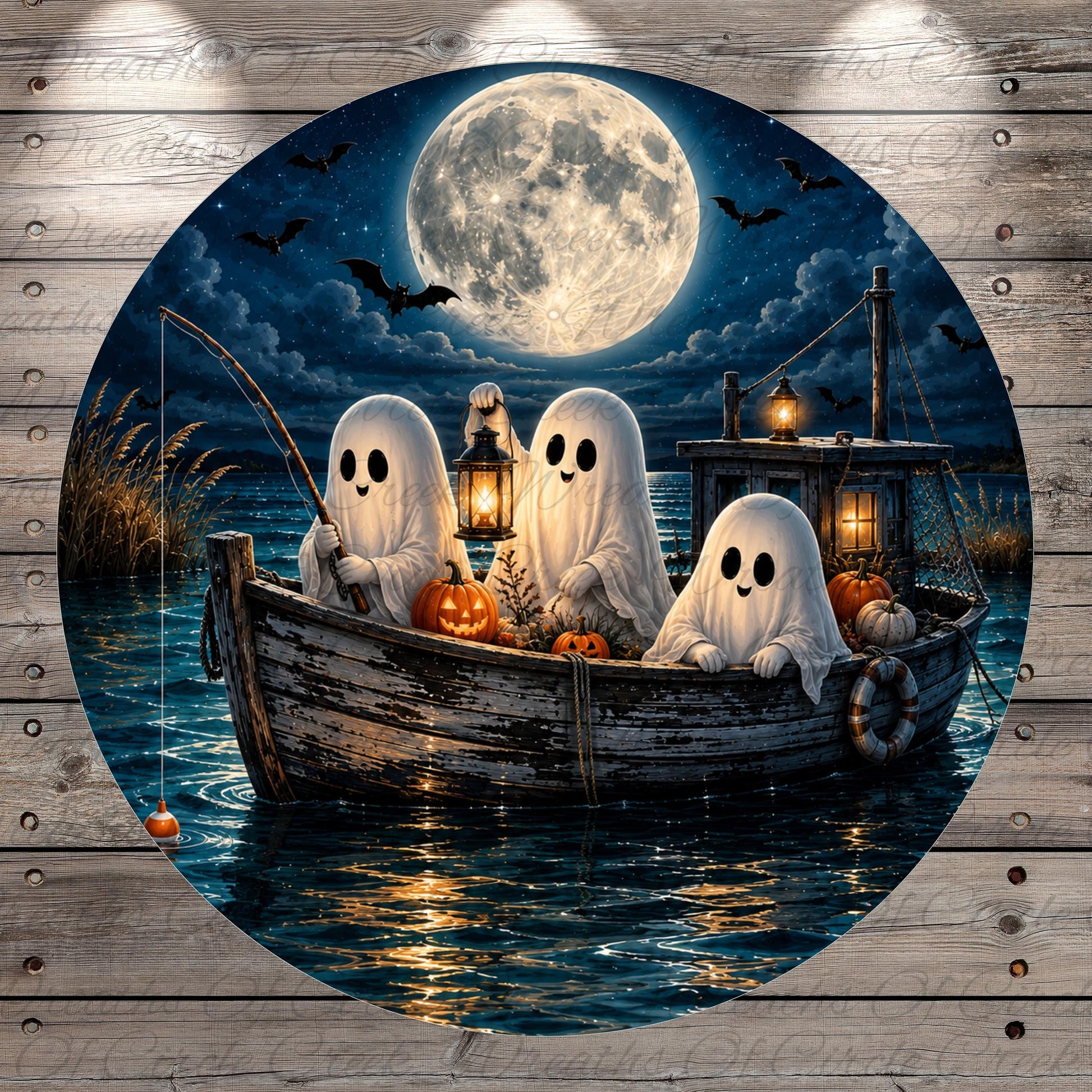 A Halloween-themed image depicting three ghostly figures floating on a boat in a dark, moonlit night.