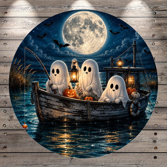 A Halloween-themed image depicting three ghostly figures floating on a boat in a dark, moonlit night.