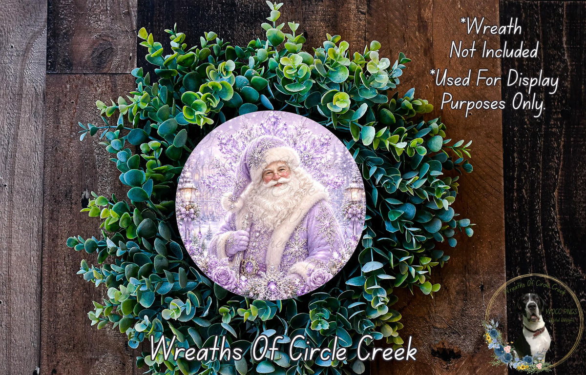 A wreath featuring a Santa Claus image surrounded by greenery, with a text overlay that reads "Wreath Not Included * Used For Display Purposes Only" and "Wreaths of Circle Creek".